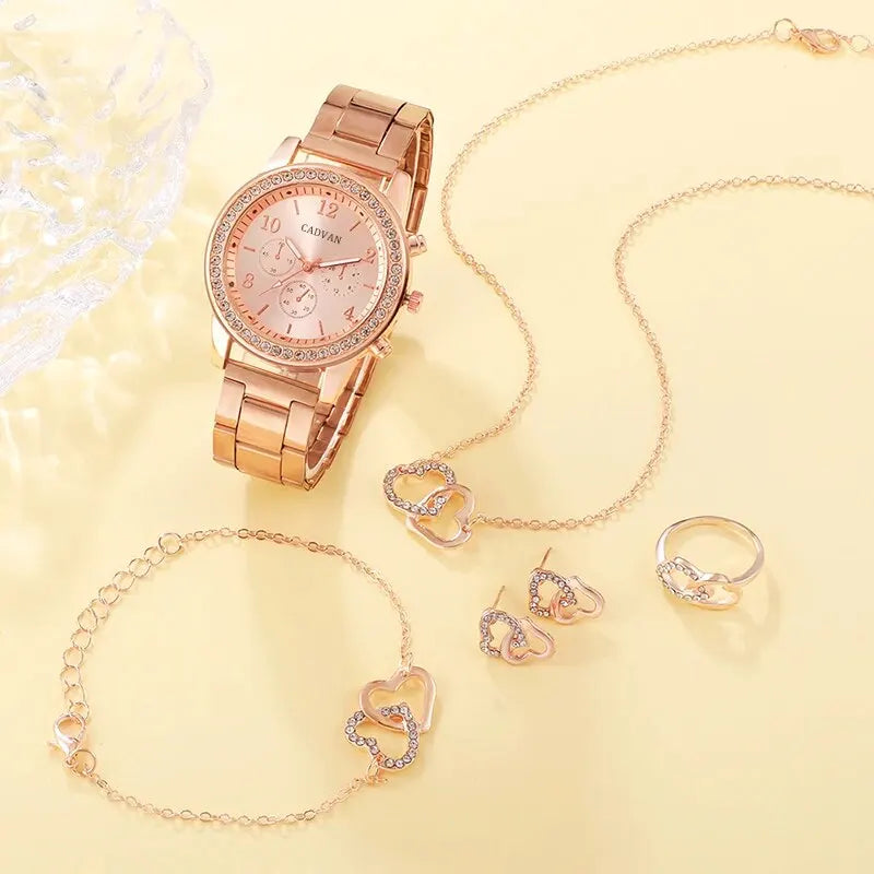 Shaeya Rose Gold 6PCS Luxury Watch & Jewelry Set for Women