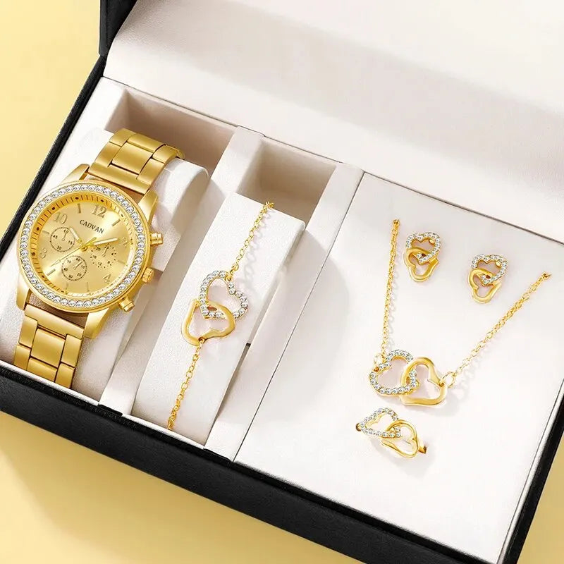 Shaeya Rose Gold 6PCS Luxury Watch & Jewelry Set for Women