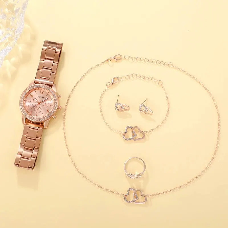 Shaeya Rose Gold 6PCS Luxury Watch & Jewelry Set for Women