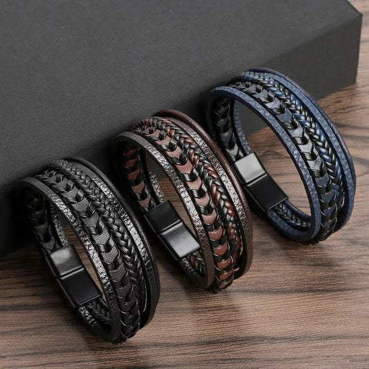 Shaeya Men’s Multi-Layered Vintage Leather Rope Bracelet Alloy Magnetic Buckle (Free Shipping)