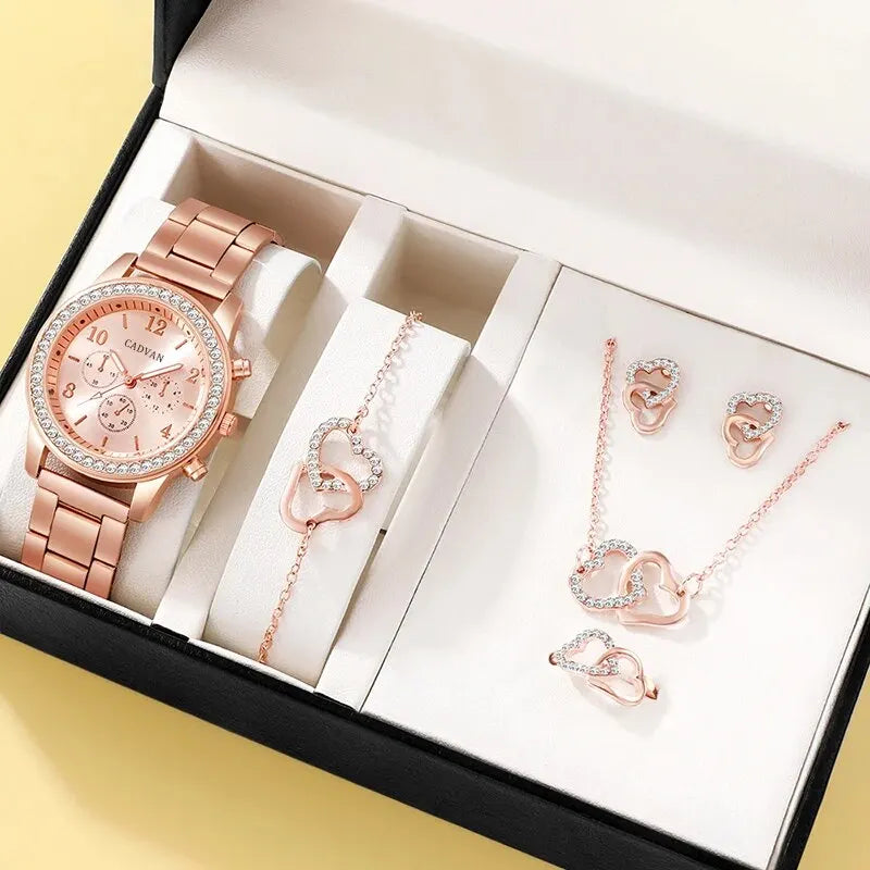 Shaeya Rose Gold 6PCS Luxury Watch & Jewelry Set for Women